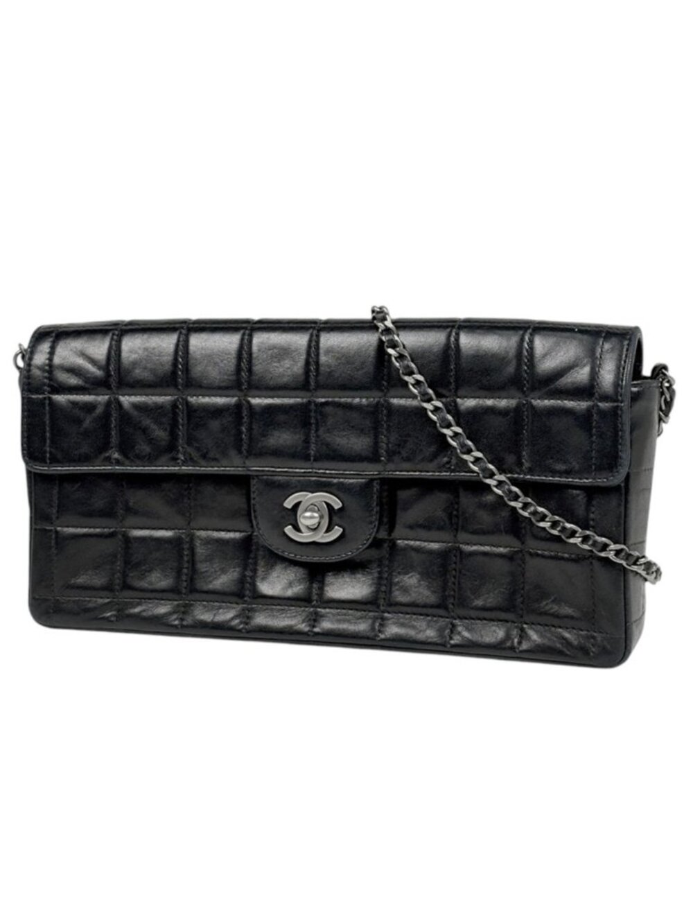 Chanel Shoulder Bag CC Logo Choco Bar Leather Black